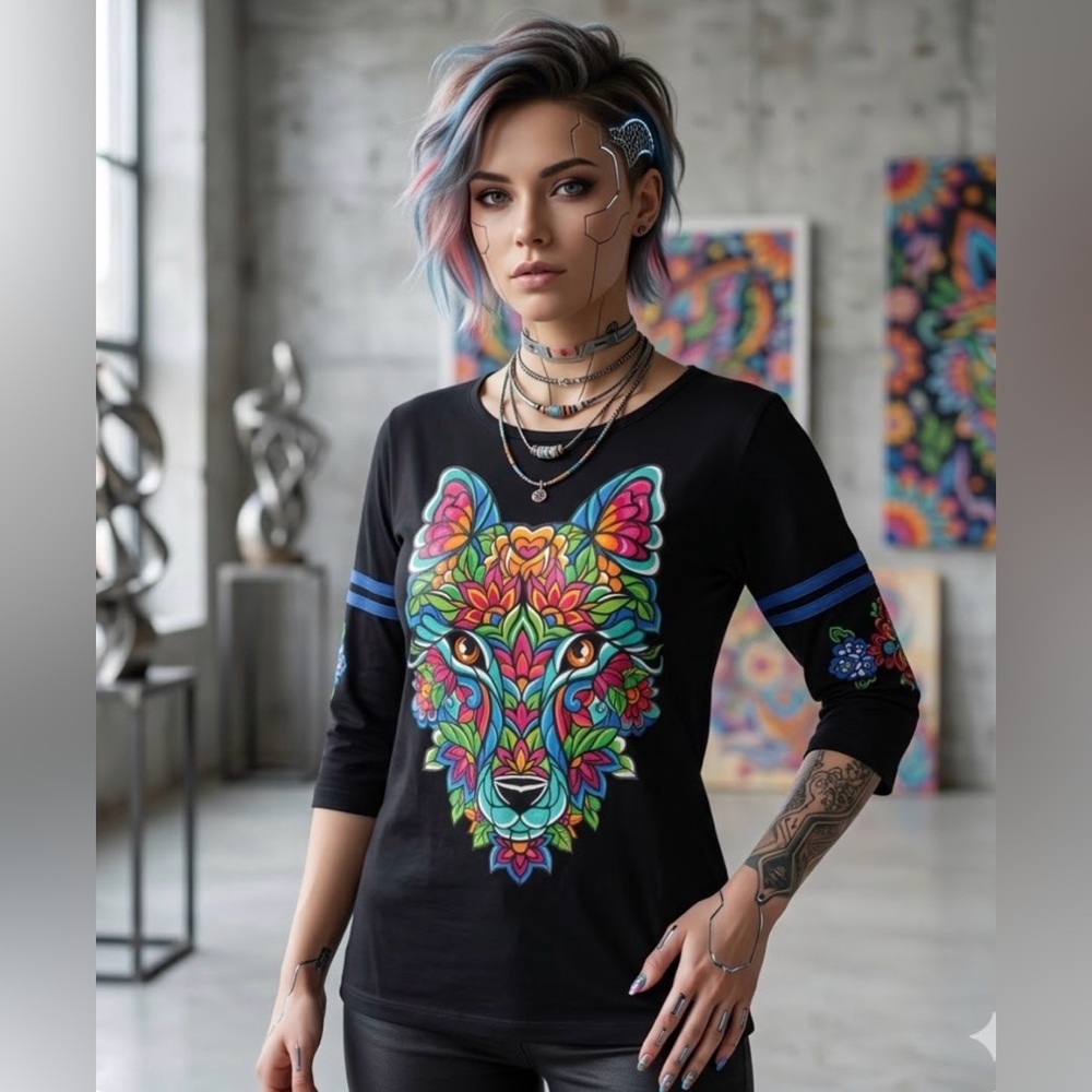 Ay Guey Colorful Vibrant Wolf Graphic Top Size M Artsy Floral Hippie Psychedelic